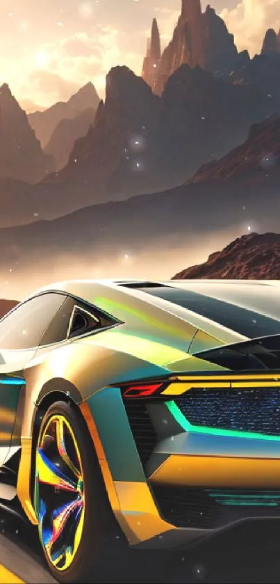 Futuristic sports car driving in desert mountain landscape.