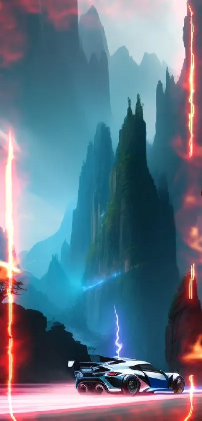 Futuristic car racing through mystical canyon with lightning.