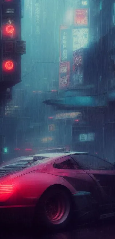 Futuristic car driving through a neon-lit cyberpunk city on a rainy night.