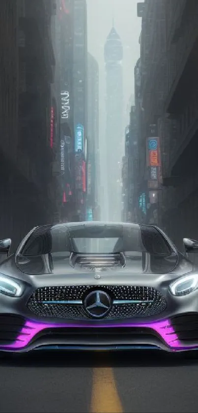 Futuristic car against a neon-lit urban backdrop.