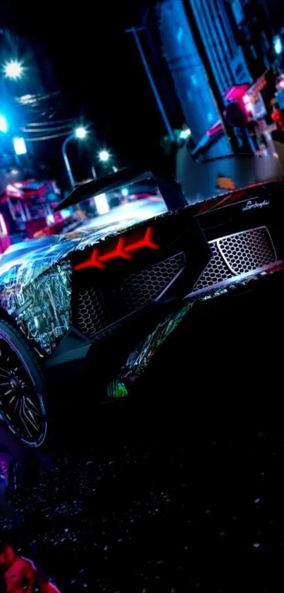 Futuristic car driving through neon-lit city streets at night.