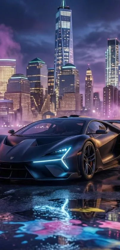 Futuristic car in a neon cityscape at night.