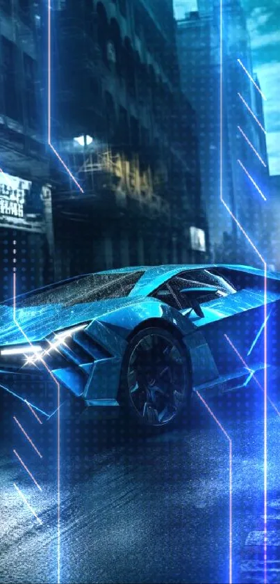 Futuristic car in neon-lit city street at night. Teal tones dominate the scene.