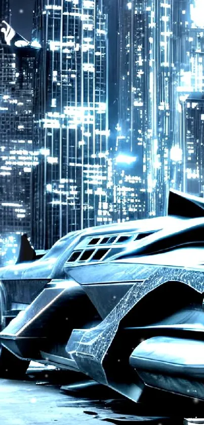 Futuristic car in a neon-lit cityscape at night.