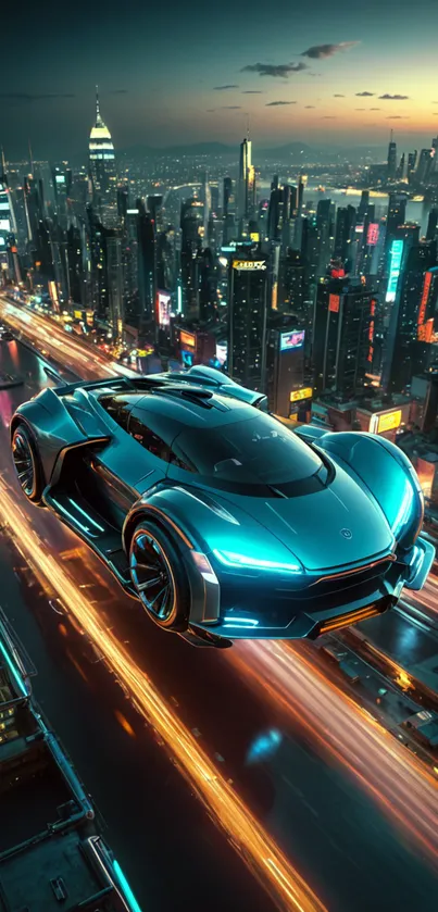 Futuristic flying car over neon-lit cityscape at night.