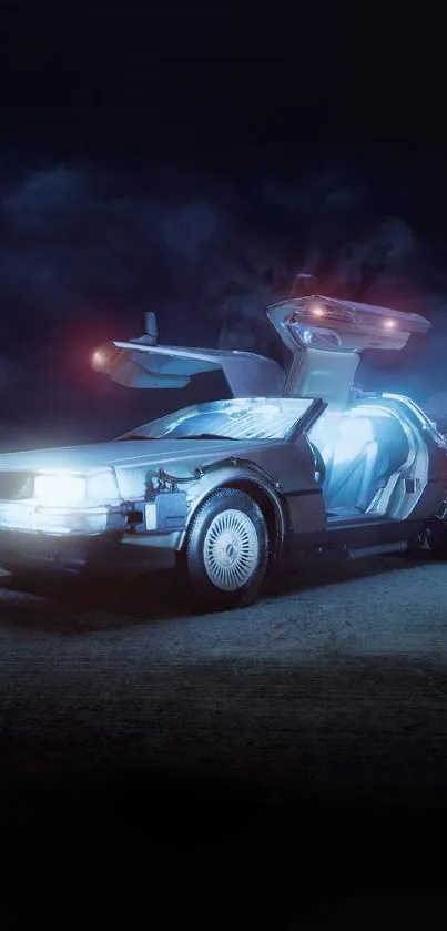 Futuristic car with neon lights on a dark backdrop.