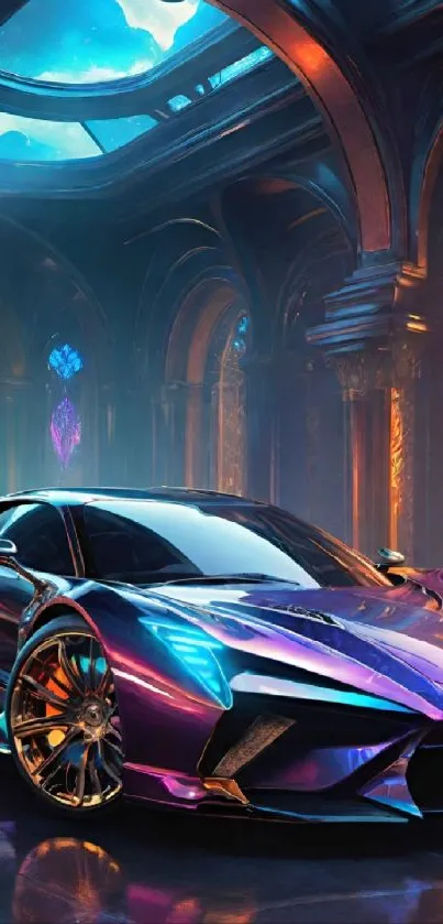 Futuristic car with neon colors in an elegant palace setting.