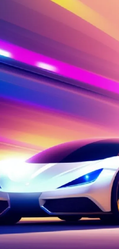 Futuristic car speeding through a vibrant neon-lit tunnel.