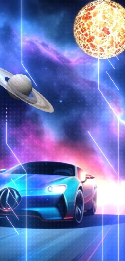 Sleek futuristic car driving through a colorful outer space landscape with planets.