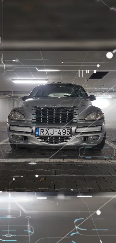 Futuristic car parked in a dimly lit garage with holographic tech elements.