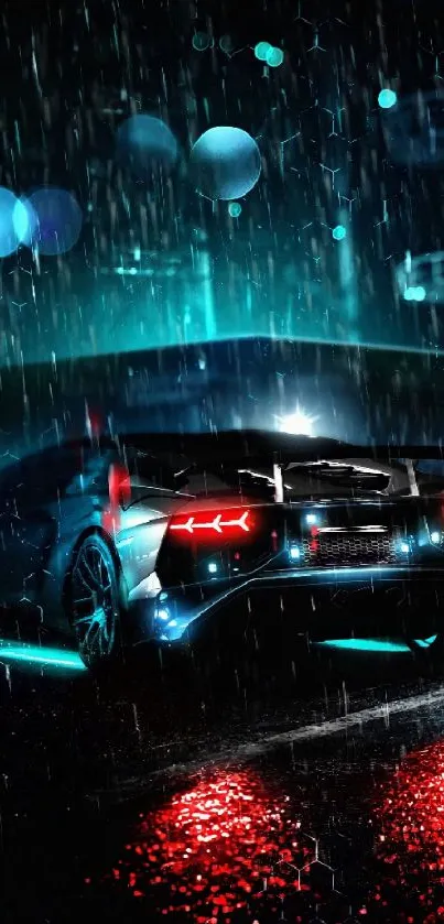 Futuristic sports car under neon lights in rain, night city wallpaper.