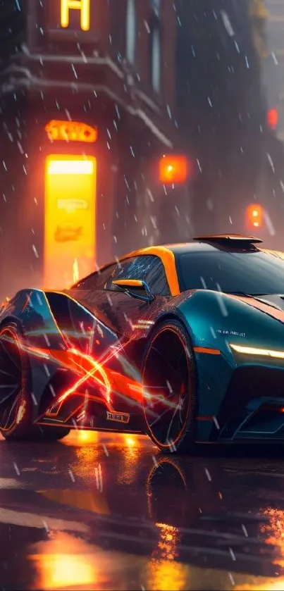 Futuristic car in vibrant rainy cityscape mobile wallpaper.