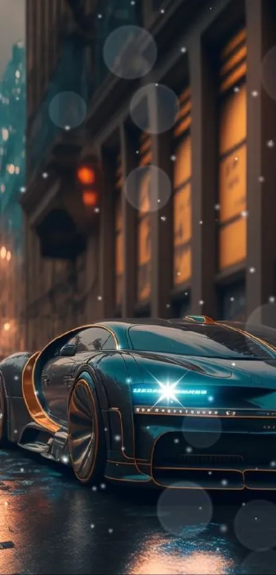 Futuristic car on rainy city street with neon glow.