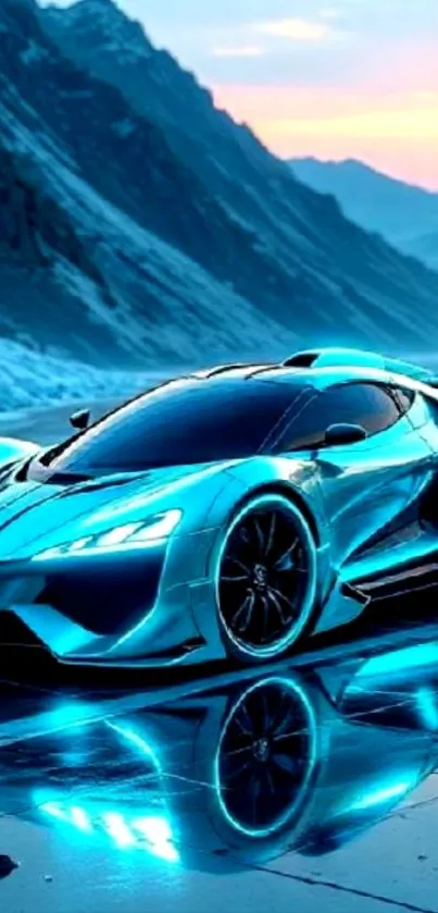 Futuristic sports car reflecting on a scenic mountain backdrop.