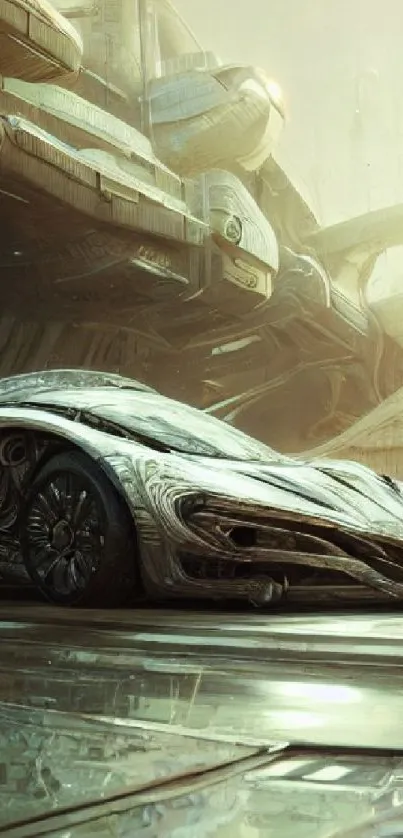 Futuristic car under a sci-fi cityscape structure.