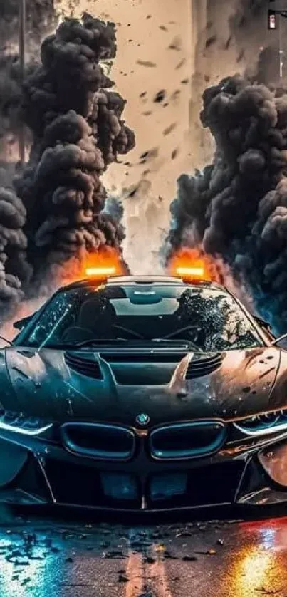 Futuristic sports car with smoke and lights in an urban setting.