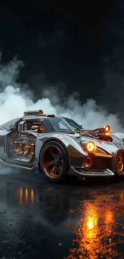 Futuristic car with glowing lights in a smoky night setting.