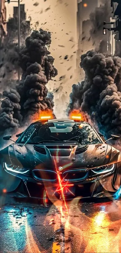 Futuristic car speeding through smoky streets at night.