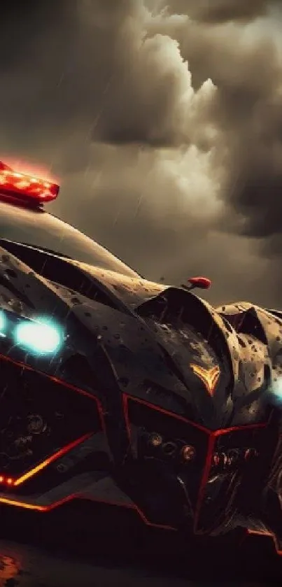 Futuristic car under a stormy sky glowing with dynamic headlights.