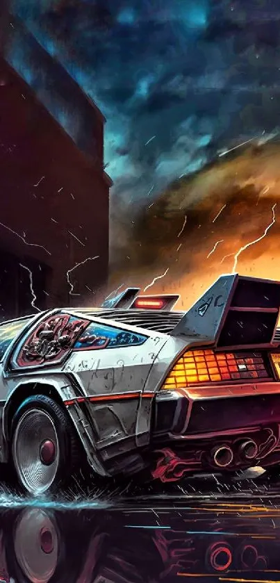 Futuristic car in a stormy night setting with vibrant colors.