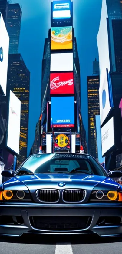 Futuristic car against vibrant Times Square backdrop.