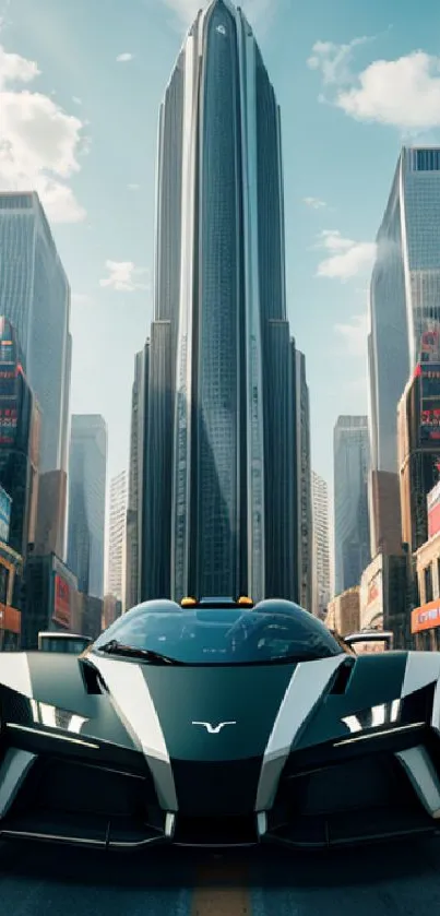 Futuristic car driving through a cityscape with skyscrapers under a blue sky.