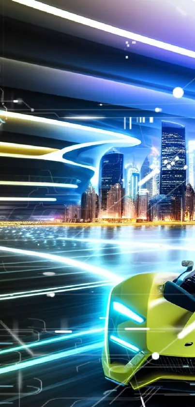 Futuristic sports car driving through neon-lit cityscape.