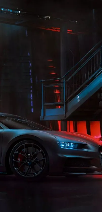 Futuristic sports car under urban lights at night.