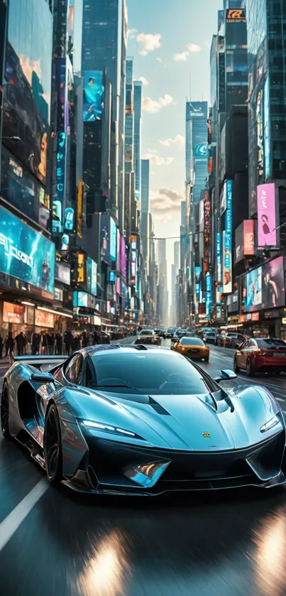 Futuristic sports car driving through vibrant city street at sunset.