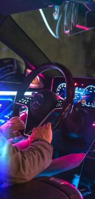 Neon-lit car interior with futuristic design.