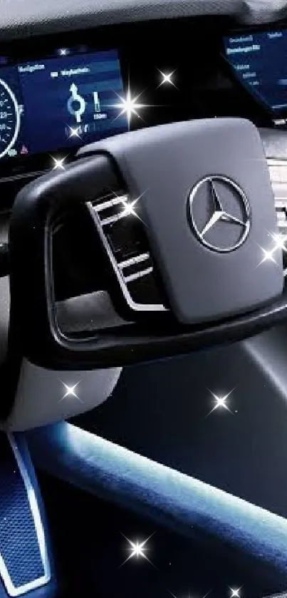 Futuristic car interior with digital dashboard and black detailing.
