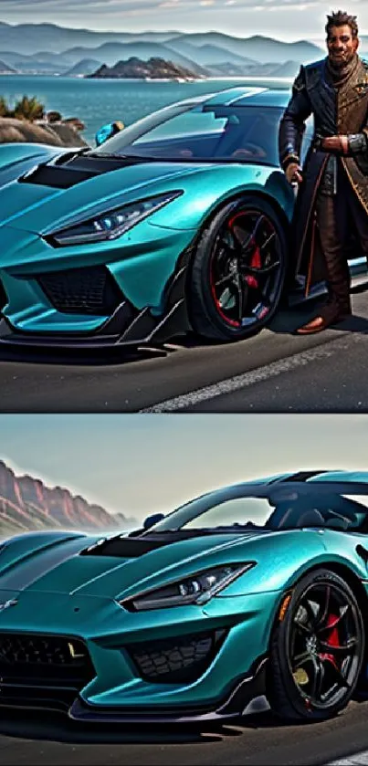 Futuristic turquoise car with a medieval knight by the scenic road.