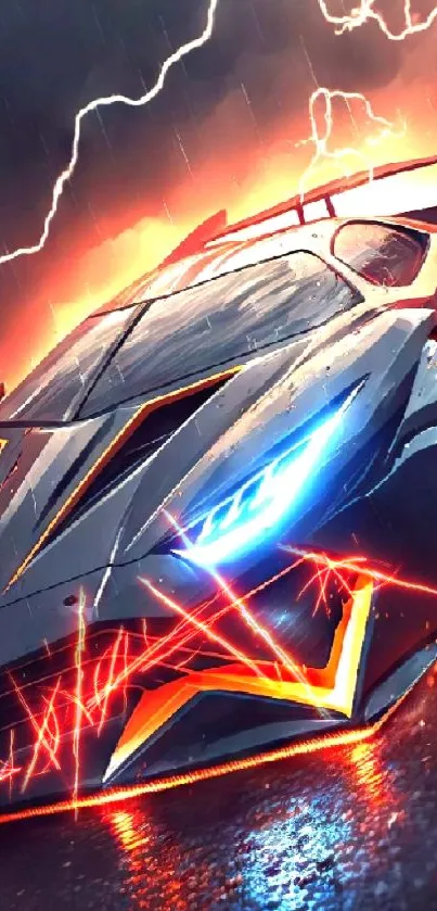 Futuristic car with lightning in background, vibrant colors.