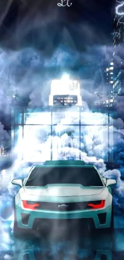 Futuristic car with lightning in urban setting.