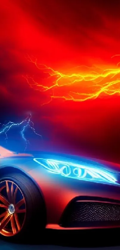 Futuristic car with lightning in a vibrant red and blue background.