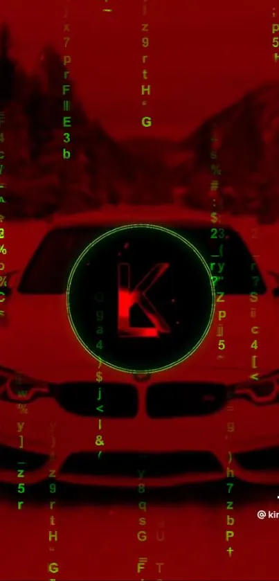 Futuristic car with matrix code on red background wallpaper.