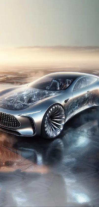 Futuristic silver car with sleek design on a metallic surface.