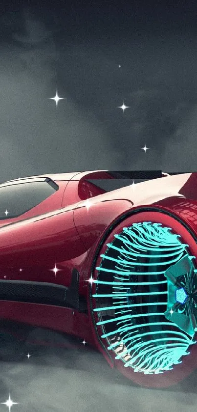 Futuristic red car with neon wheels on misty background.