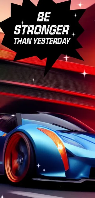 Futuristic car with motivational quote 'Be Stronger Than Yesterday'.