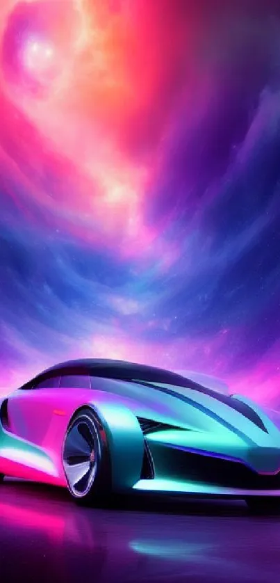 Futuristic car with neon colors against a vibrant cosmic nebula background.