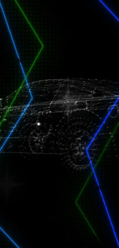 Futuristic car silhouette with neon lines on a dark background.