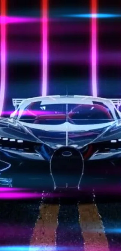 Futuristic car with neon lights on road, mobile wallpaper.