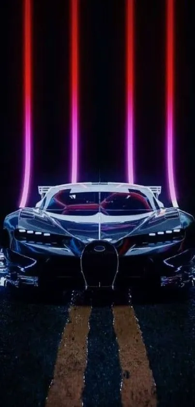 Futuristic car with neon lights on a dark road.