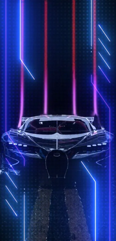 Futuristic car with neon blue lights and abstract design.