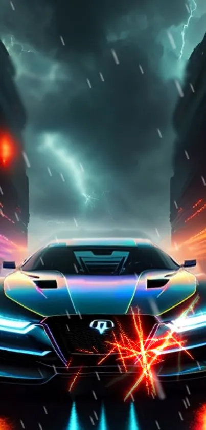 Futuristic car with neon lights under a stormy, cyberpunk city sky.