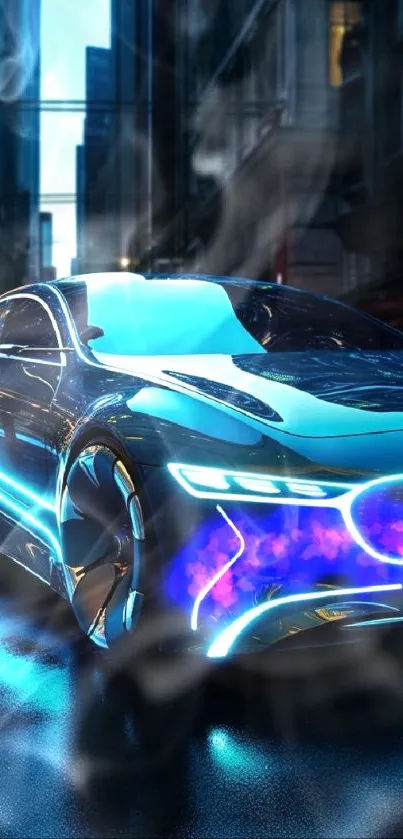 Futuristic car with neon blue lights in an urban night scene.