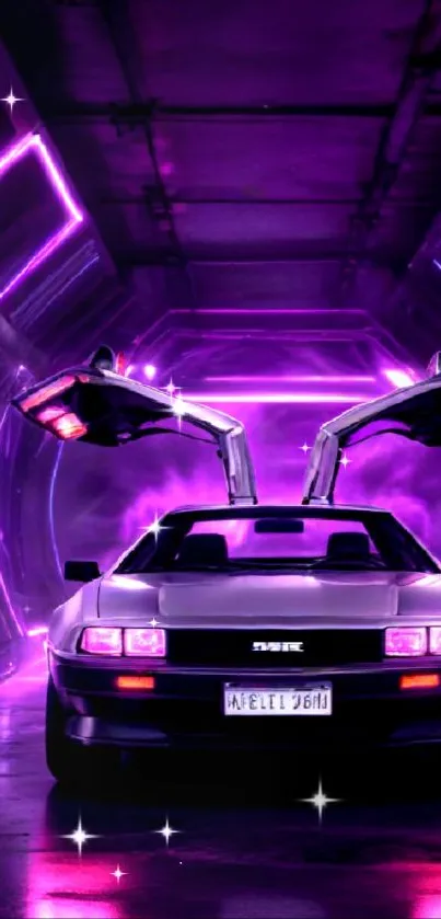Futuristic car under vibrant purple neon lights.