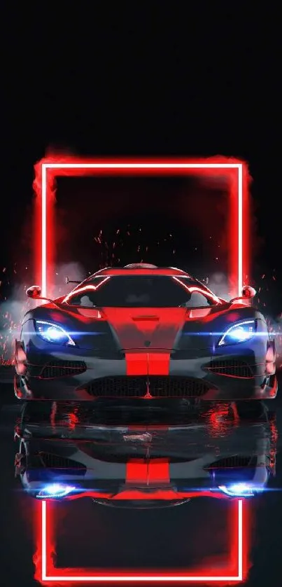 Futuristic car with red neon lights in a dark background.