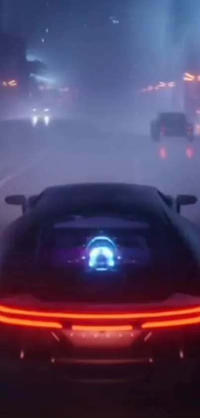 Futuristic car racing through a neon-lit cityscape at night.