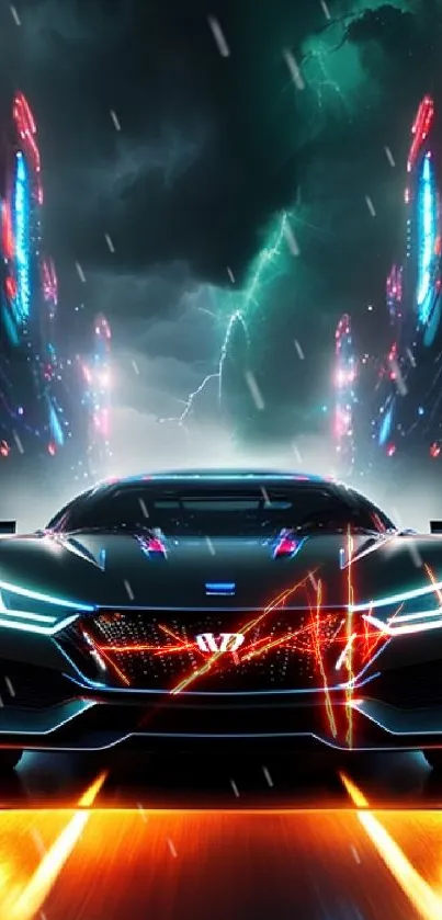 Futuristic car with neon lights in a cyberpunk street setting.